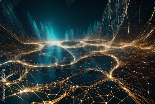 Abstract digital landscape with interconnected network nodes and data streams