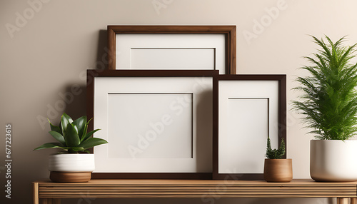 blank white, Interior room with a mock-up picture frame and lovely plants on a brown bamboo shelf  © Simo