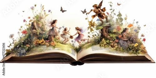 watercolor, fairytale scene of fairies dancing on a book isolated on a white background photo