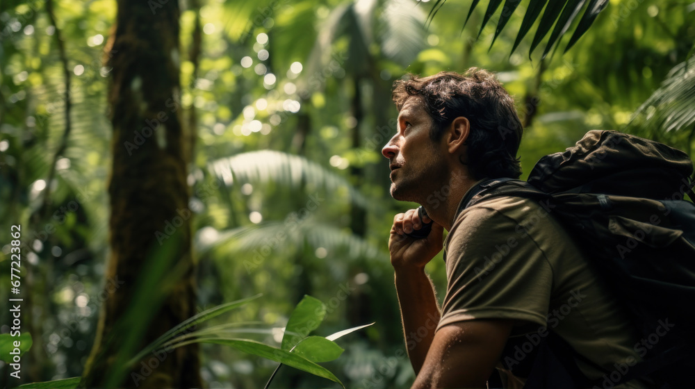 Fototapeta premium Pictures of adventures in the rainforest Hikers encounter plants, animals, wild people, and mysteries.