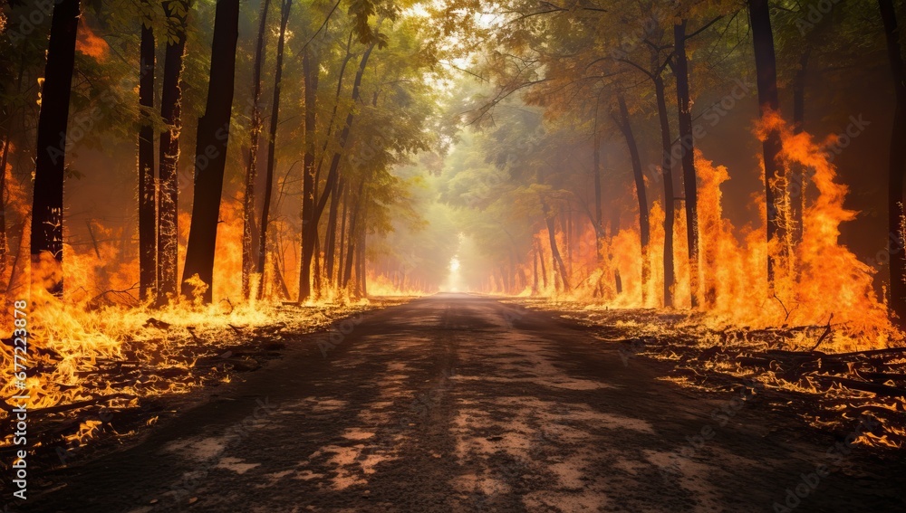 Obraz premium Forest Fire Engulfing Road