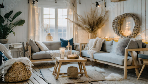 Nordic Haven, Scandinavian living room with light wood, neutral palette, and cozy textiles for minimalistic serenity.