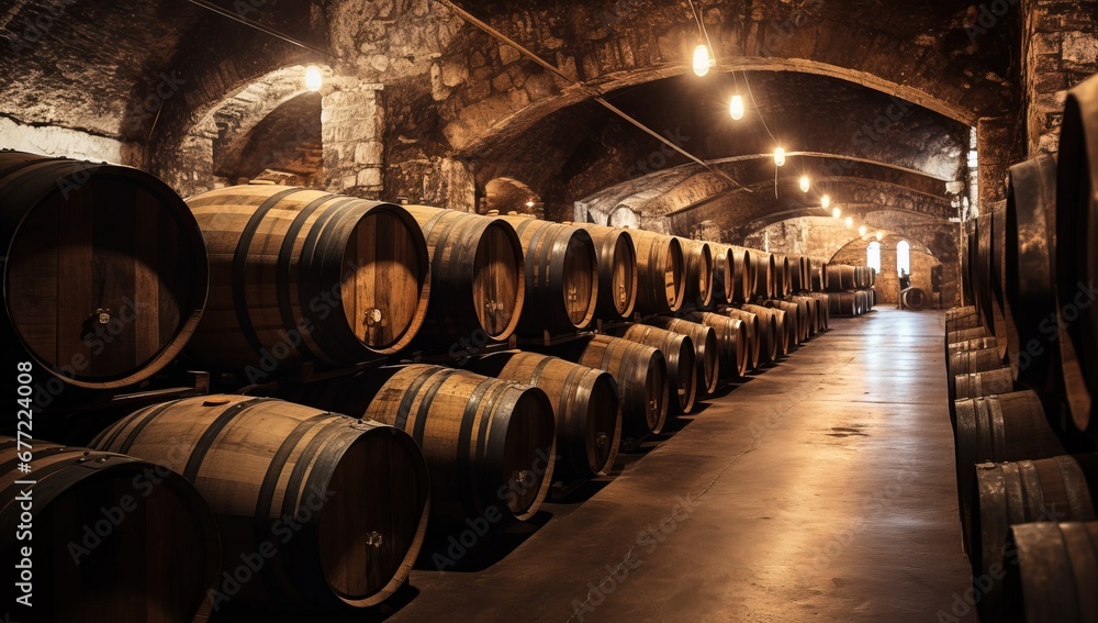 Wine Barrels in Vintage Underground Cellar