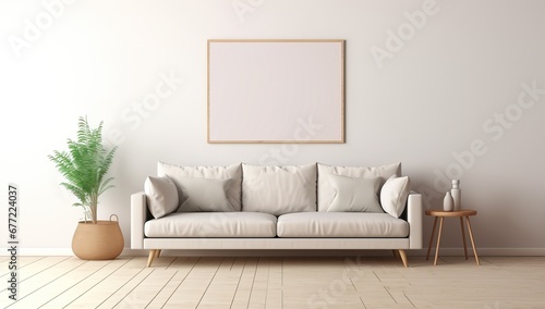 Modern Living Room with White Sofa and Blank Picture Frame