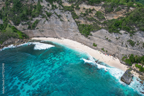 Drone view of Diamond Beach on sunny day. Nusa Penida Island, Indonesia.