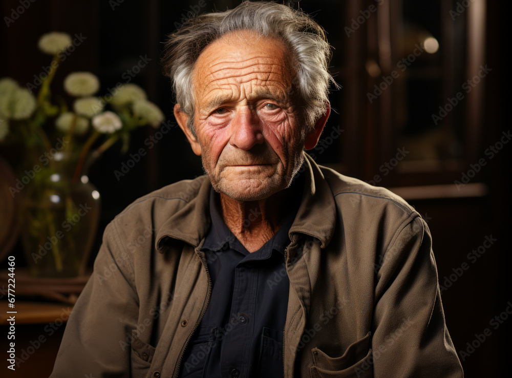 Senior wrinkled hoary man wearing casual shirt at home. Relaxed sad elderly male with serious expression on face. Simple and natural looking at the camera. Sadness, loneliness and old age concept.