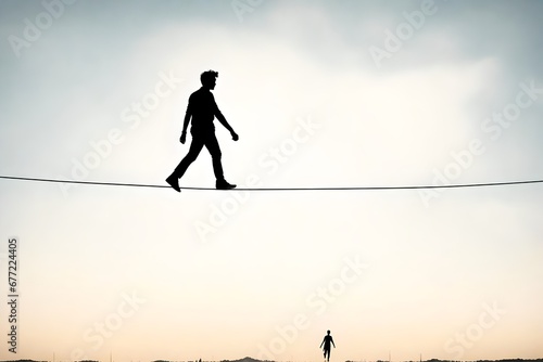 Silhouette of a person walking a tightrope with white background photo