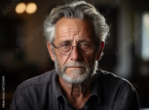 Portrait of beard thoughtful pondering middle aged hoary man in glasses, looking at camera. Head shot close up pensive mature old grandfather thinking of problems difficulties, retirement life concept