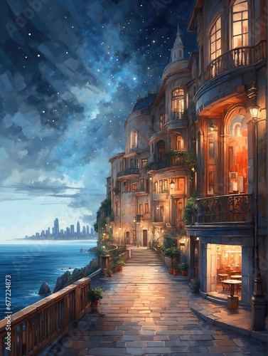 night oil painting of the old town on the sea with starry sky and lights on in the houses and shops. the skyscrapers of the new city are in the distance in the background photo