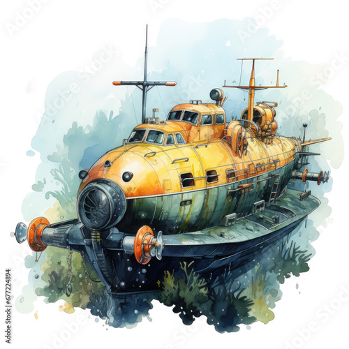 watercolor Submarine clipart, Generative Ai © creativeproartist