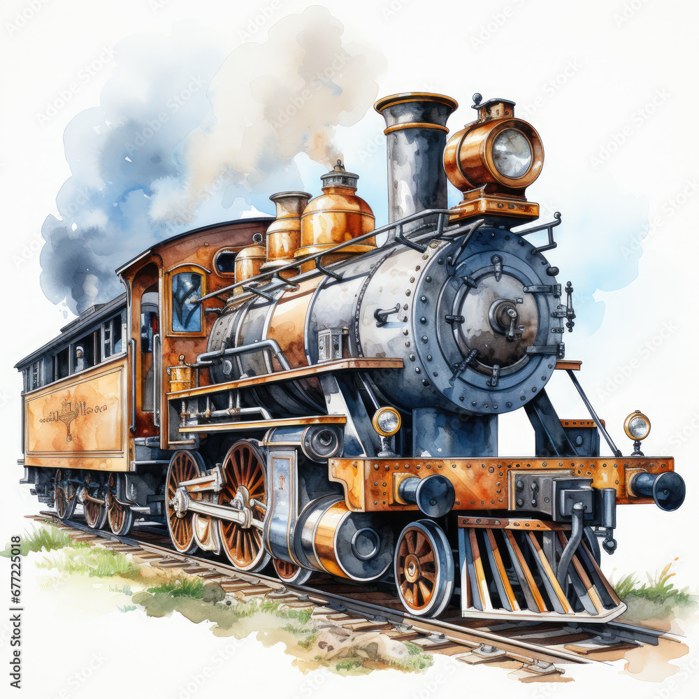 Naklejka premium watercolor Train clipart, Generative Ai