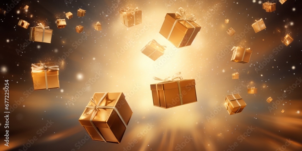 Present Boxes Soar in the Air on a Golden Background, Evoking the Joy of Christmas and the Celebration of Happy Birthdays in a Festive Cascade of Gifts