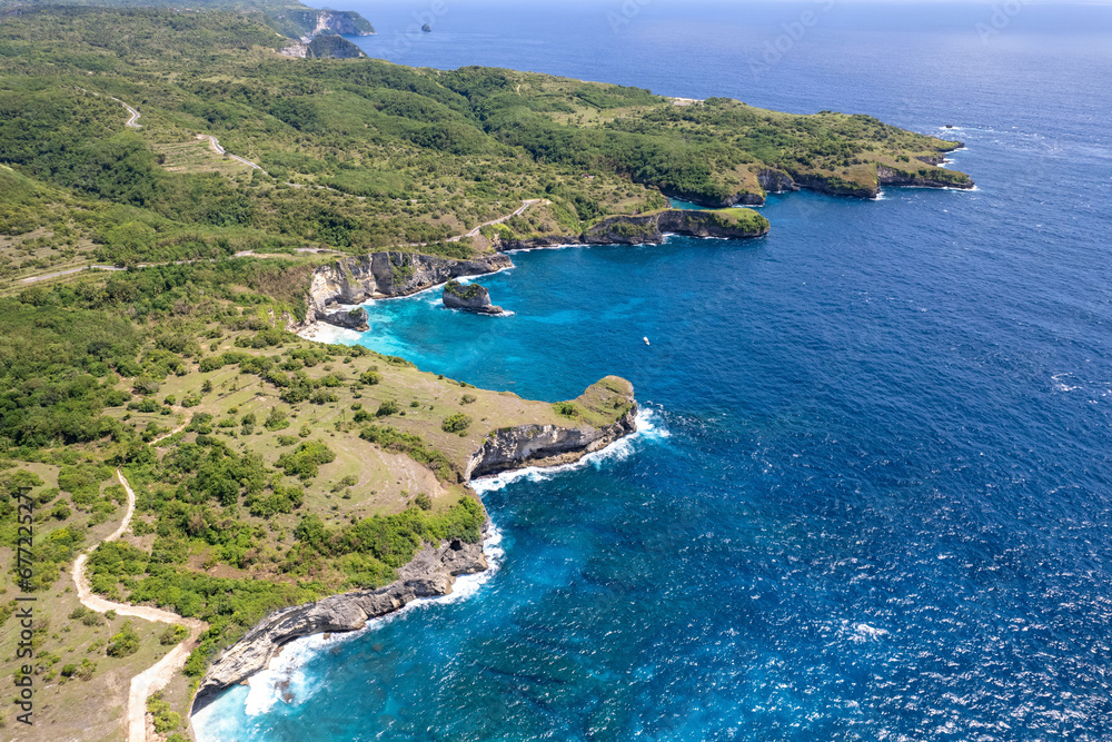 Aerial view of Dolphin Bay on sunny day. Nusa Penida Island, Indonesia.