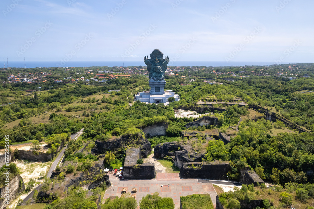 Aerial view of Garuda Wisnu Kencana Cultural Park on sunny day. Bali, Indonesia.