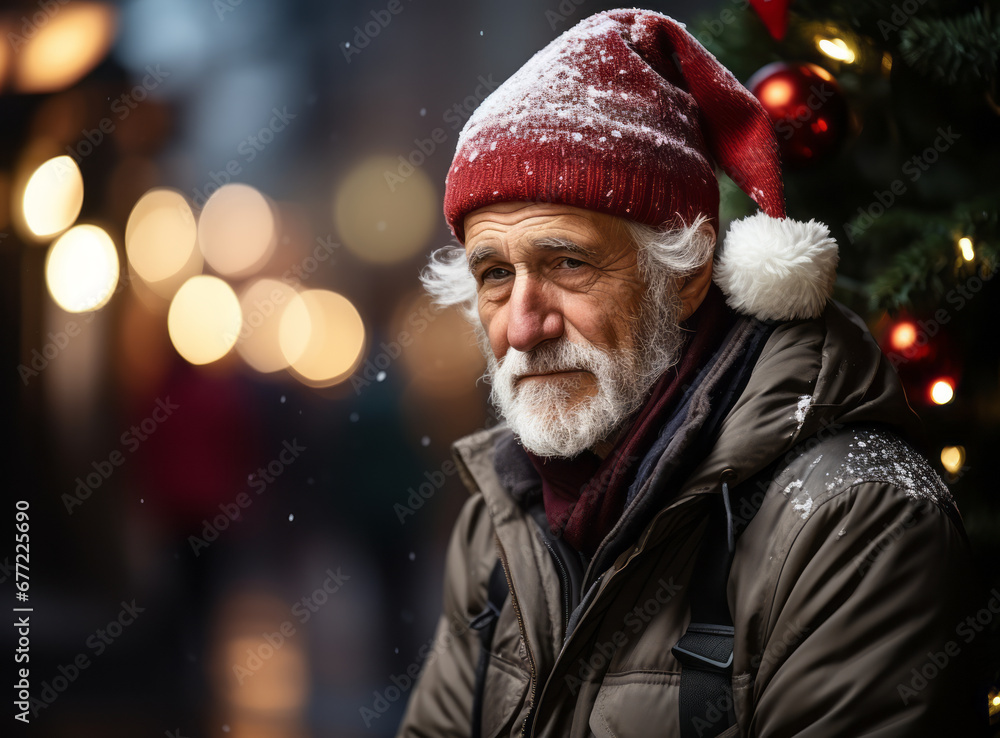 Portrait of wrinkled sad elderly man in red santa claus hat sitting and looking at camera. Lonely old bearded man on Christmas Eve alone on street. Concept of lonesome, sadness, melancholy and dismals Portrait of wrinkled sad elderly man in red santa claus hat sitting and looking at camera. Lonely old bearded man on Christmas Eve alone on street. Concept of lonesome, sadness, melancholy and dismals