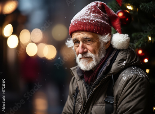 Portrait of wrinkled sad elderly man in red santa claus hat sitting and looking at camera. Lonely old bearded man on Christmas Eve alone on street. Concept of lonesome, sadness, melancholy and dismals photo
