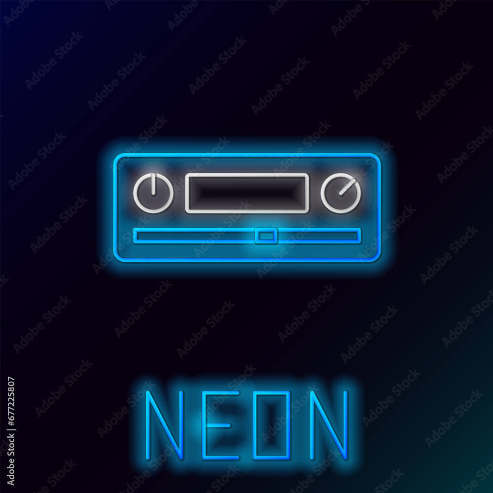 Glowing neon line Car Audio icon isolated on black background. Fm radio car audio icon. Colorful outline concept. Vector Glowing neon line Car Audio icon isolated on black background. Fm radio car audio icon. Colorful outline concept. Vector