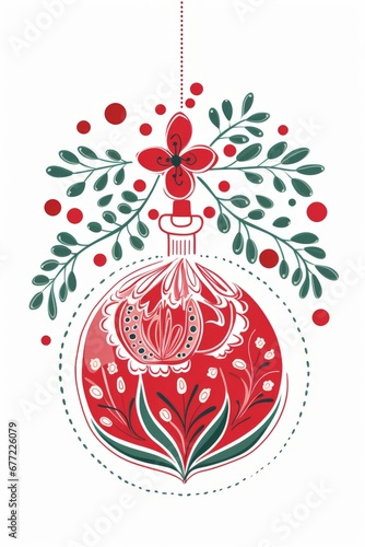 Christmas ball Hand drawn Pattern illustration in christmas mint red colors on white background, christmas theme in american and boho style. For banners, posters, advertising. AI generated.