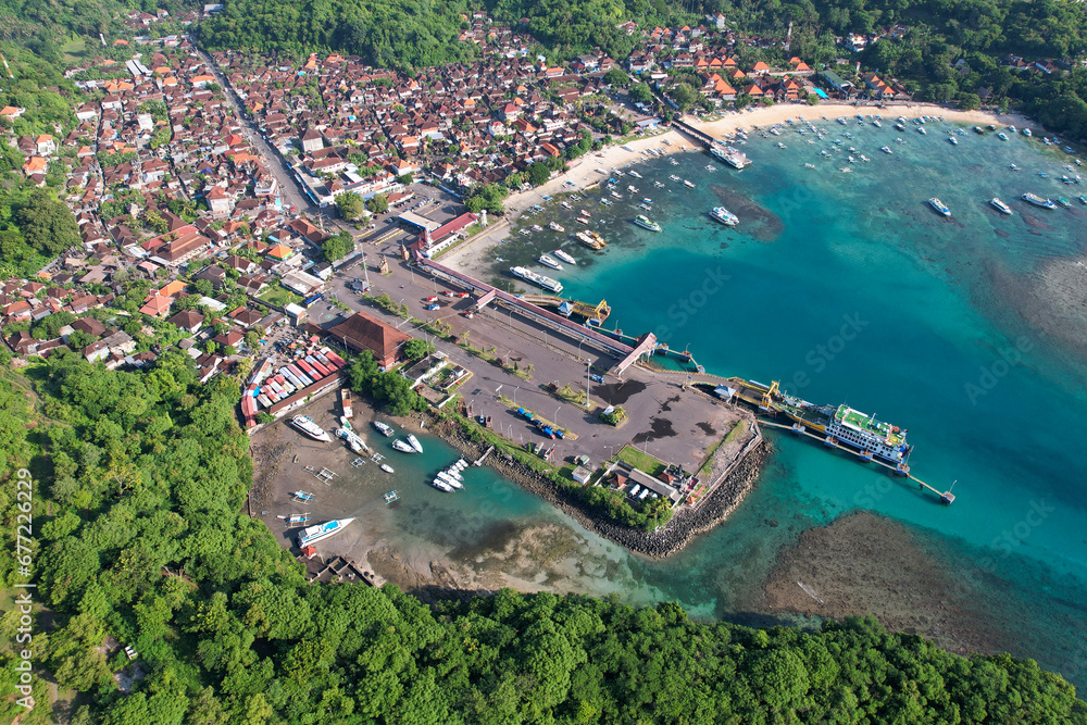 Aerial view of Padangbai on sunny day. Manggis, Bali, Indonesia. - obrazy, fototapety, plakaty 