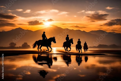 a silhouette of Horseback riding at sunrise  © Sana
