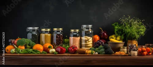 The background of the kitchen is filled with the warm hues of wood and the inviting glow of the light as fruits and colorful vegetables stand proudly on the table promoting a healthy and gre