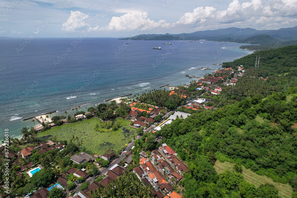 Aerial view of Candidasa town and Lotus Logoon. Bali, Indonesia.