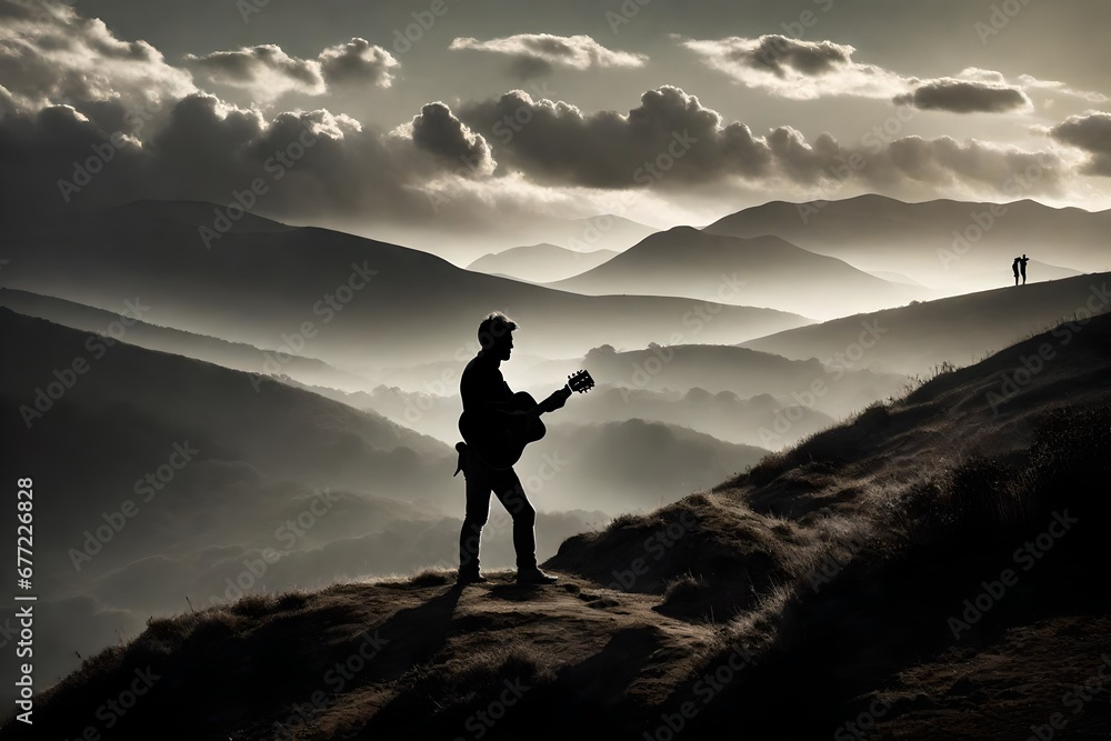 silhouette of a person on the top of the mountain playing guitar