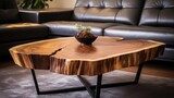 Live edge wooden accent coffee table near sofa close up Interior design of modern living room 