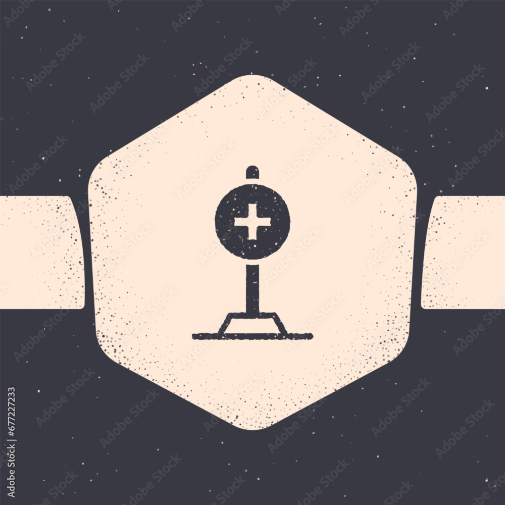 Grunge Medical map pointer with cross hospital icon isolated on grey background. Monochrome vintage drawing. Vector Grunge Medical map pointer with cross hospital icon isolated on grey background. Monochrome vintage drawing. Vector