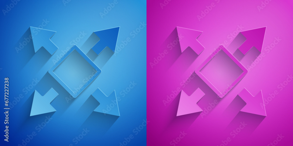 Paper cut Many ways directional arrow icon isolated on blue and purple background. Paper art style. Vector - obrazy, fototapety, plakaty 