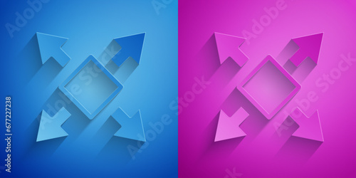 Paper cut Many ways directional arrow icon isolated on blue and purple background. Paper art style. Vector