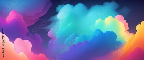 Colorful smoke clouds in neon light swirling on empty scene dark background