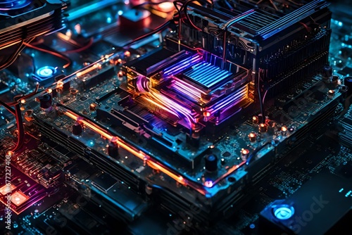 Close-up of a high-tech GPU with vibrant LED lights and complex cooling system.