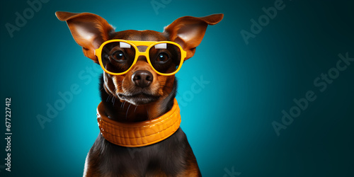 Dog wearing sunglasses on a dark turquoise background, banner with empty space for inserting text and logo, digital art, panoramic background, minimalist © Patrizia Paradiso