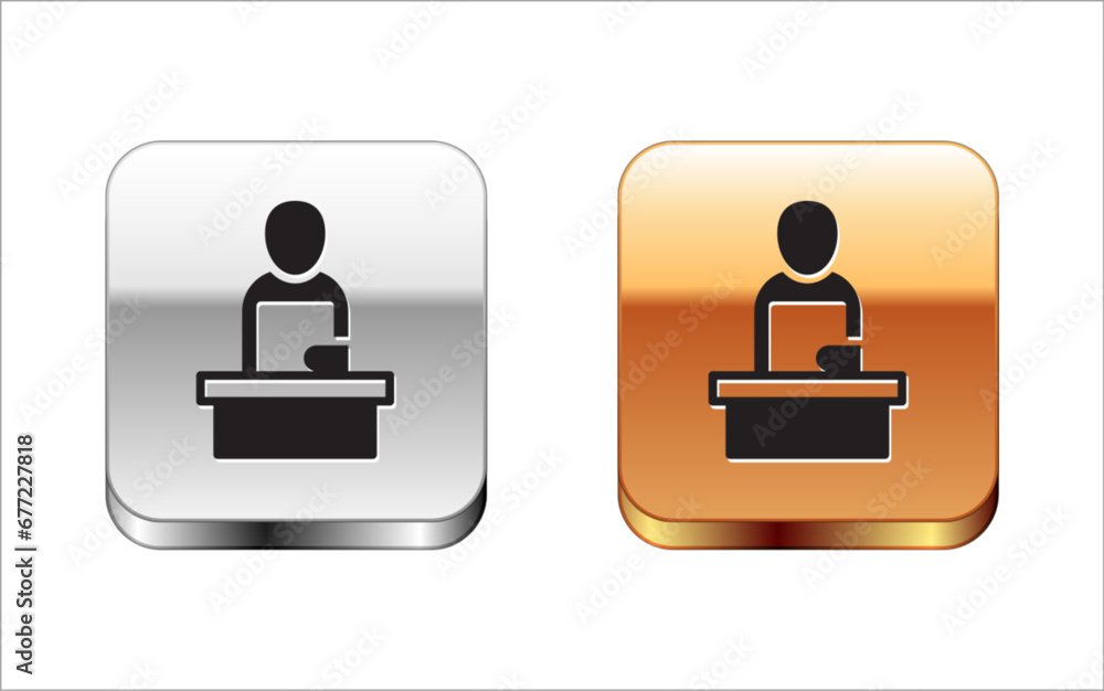 Black Breaking news icon isolated on white background. News on television. News anchor broadcasting. Mass media. Evening news. Silver and gold square buttons. Vector Black Breaking news icon isolated on white background. News on television. News anchor broadcasting. Mass media. Evening news. Silver and gold square buttons. Vector