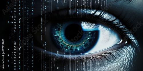 Digital Vision: A Human Eye Reveals Binary Code, Unveiling the Matrix of AI and KI, Symbolizing the Futuristic Fusion of Technology and Artificial Intelligence