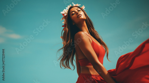 A fashion editorial photoshoot of a female model in red dress