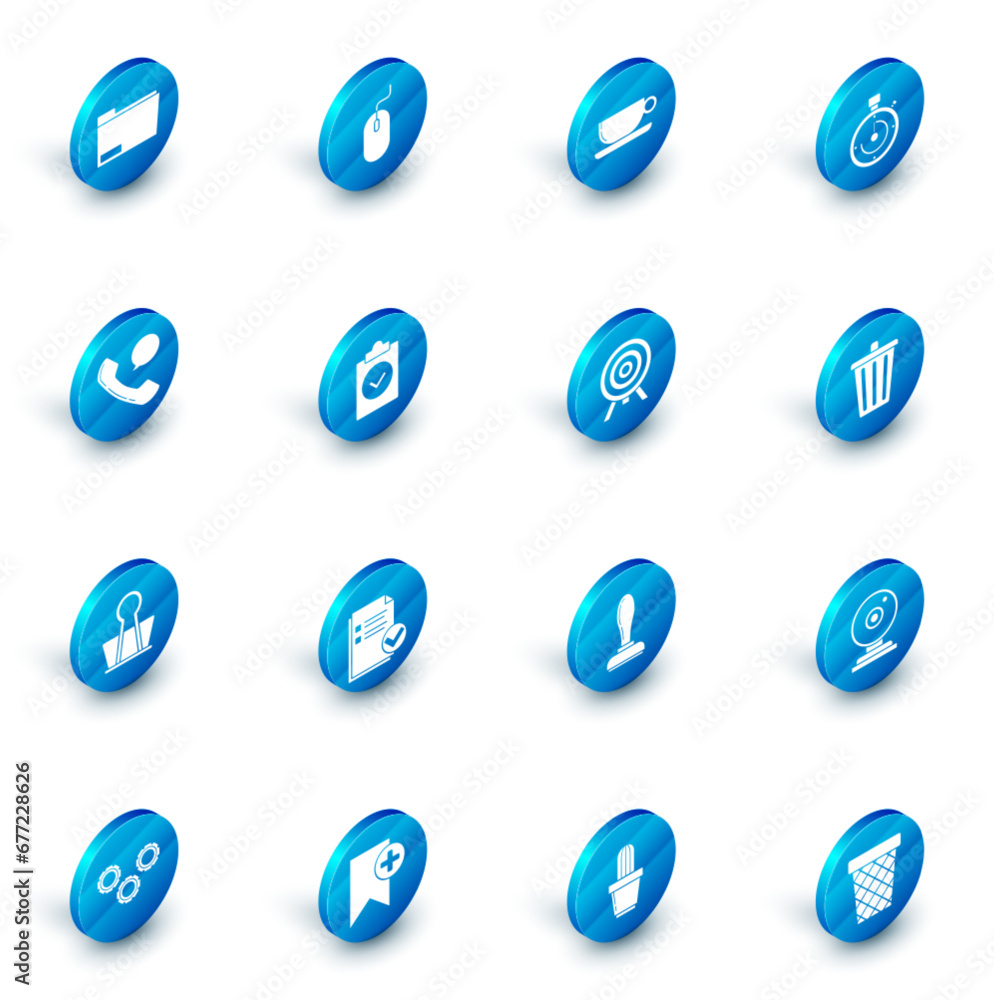 Set Computer mouse, Coffee cup flat, Briefcase, Telephone handset and speech bubble chat, Binder clip, Completed task, Trash can and Target icon. Vector Set Computer mouse, Coffee cup flat, Briefcase, Telephone handset and speech bubble chat, Binder clip, Completed task, Trash can and Target icon. Vector