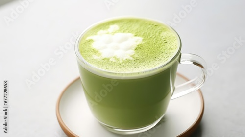 Matcha latte in a glass with latte art on a sunny day on white table