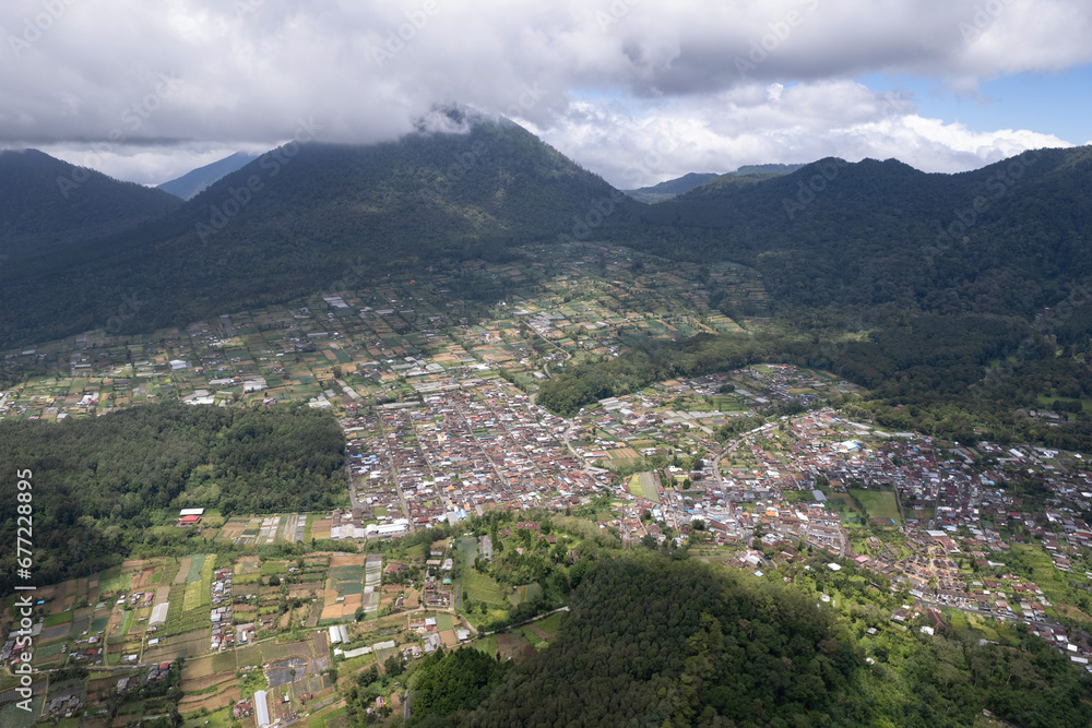 Aerial view of Candikuning town on sunny day. Bali, Indonesia.