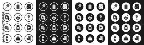 Set Jar of honey, Honey dipper stick and bowl, Wooden barrel with, Flower, Honeycomb, and map the world bee icon. Vector