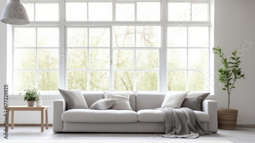 Interior of light living room with grey sofa and big window 