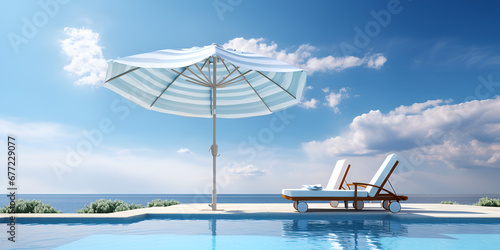Lounge chairs with sun umbrella on a beach  Beach essentials sun lounger and parasol with a sea view generative ai  