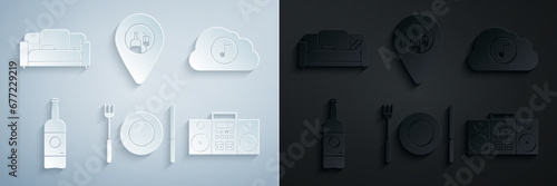 Set Plate, fork and knife, Music streaming service, Beer bottle, Home stereo with two speakers, Alcohol beer bar location and Sofa icon. Vector