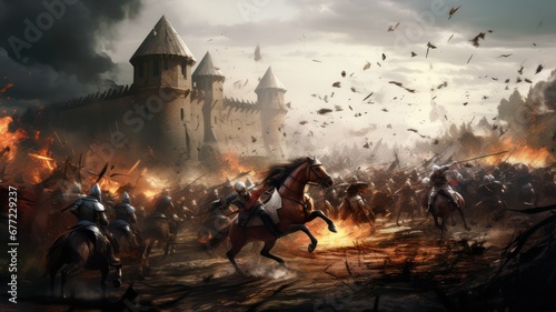 Historic medieval battle with soldiers and horses created with Generative AI