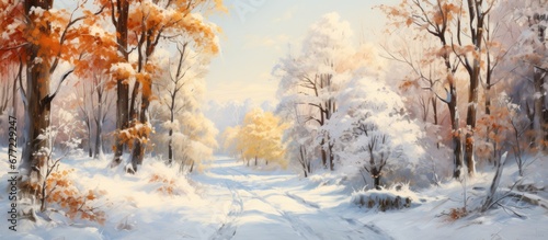 The beautiful winter landscape painting showcases a white snowy road winding through the forest with trees adorned with frost covered branches and a carpet of golden leaves peeking out from 