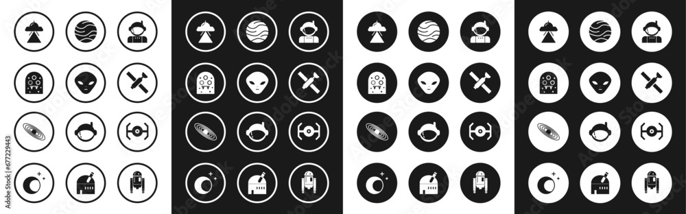 Set Astronaut, Alien, UFO flying spaceship, Satellite, Planet, Cosmic and icon. Vector