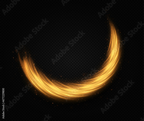 Light trail or neon line swirl glittering effect. Abstract light speed motion effect. Vector glitter light of fire flare trace or magic glitter particles sparkles on transparent background.