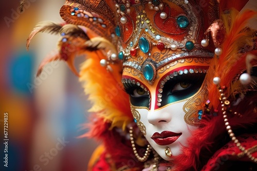 Vivid carnival mask adorned with feathers, beads, and gems. Cultural festivity and costume © Postproduction