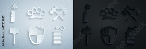 Set Shield, Crossed medieval axes, Battle hammer, Hand grenade, Brass knuckles and Dynamite bomb stick clock icon. Vector